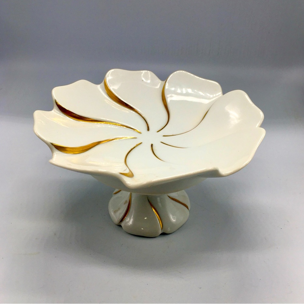 VTG Empire White Porcelain Gold Accents Flower Petal Art Deco Pedestal Dish MCM